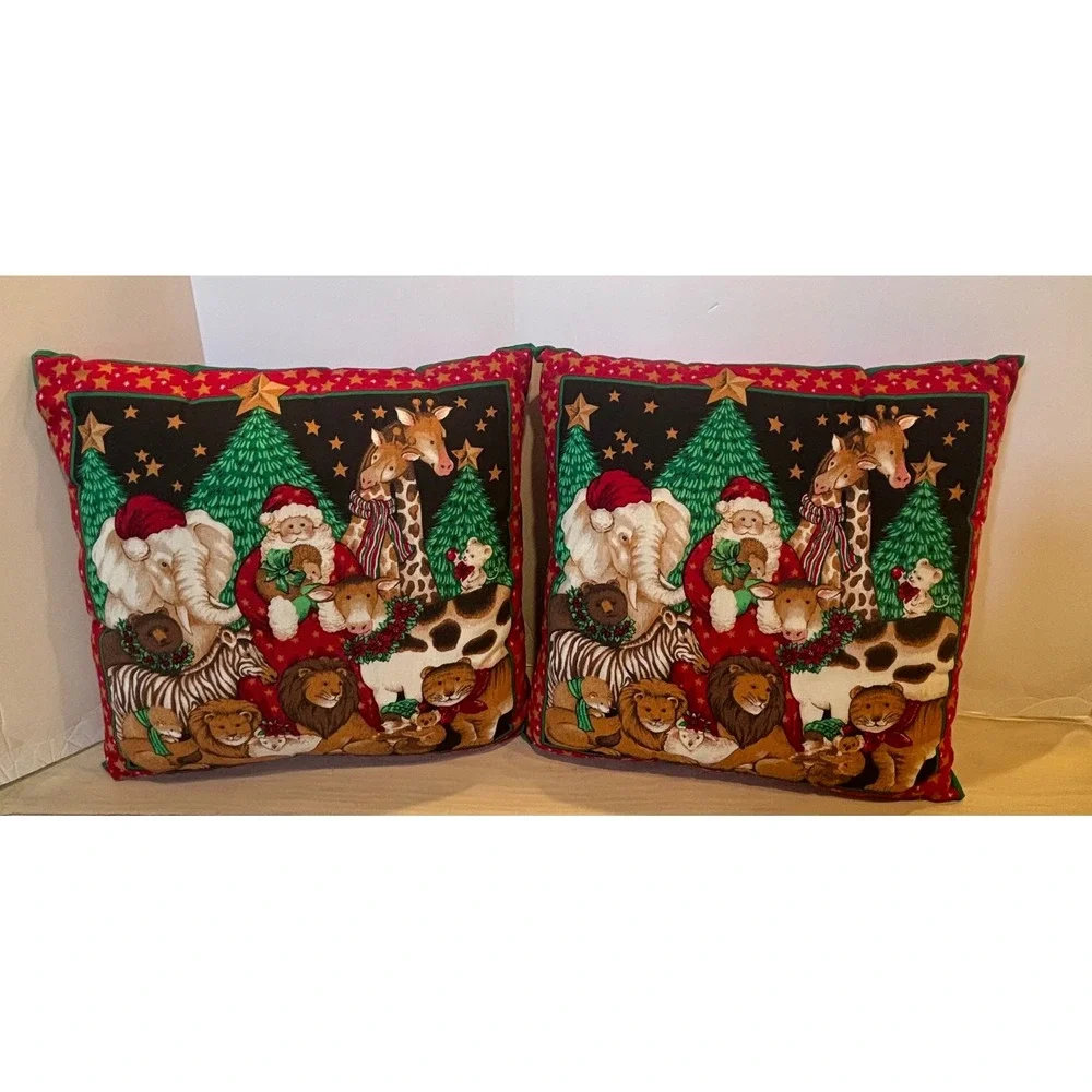 Vintage Christmas Noah's Arc Santa Claus Decorative Pillows Set of 2 16x16